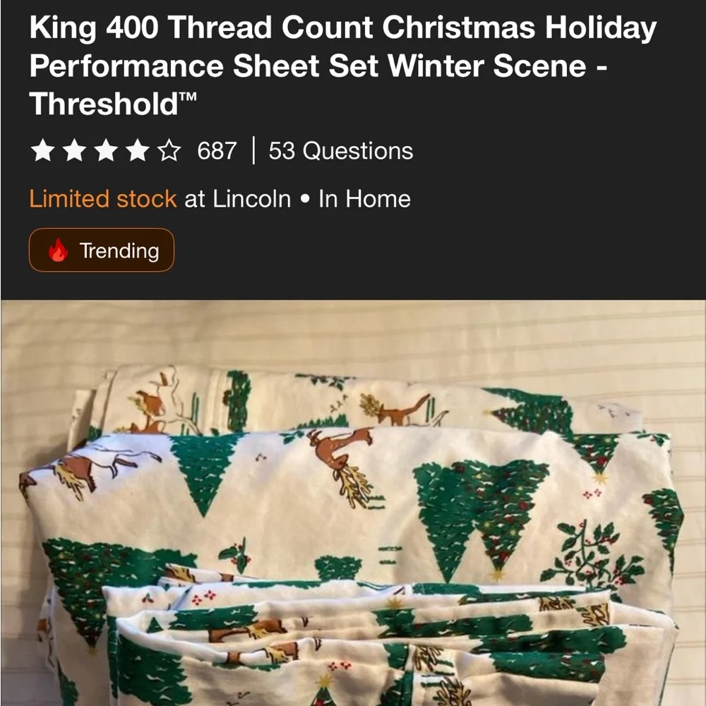 NWT KING CHRISTMAS HOLIDAY SHEET‎ SET WINTER SCENE- THRESHOLD